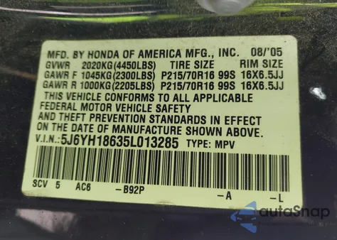 2005 Honda Element Ex z USA, uszkodzony, nr VIN 5J6YH18635L013285